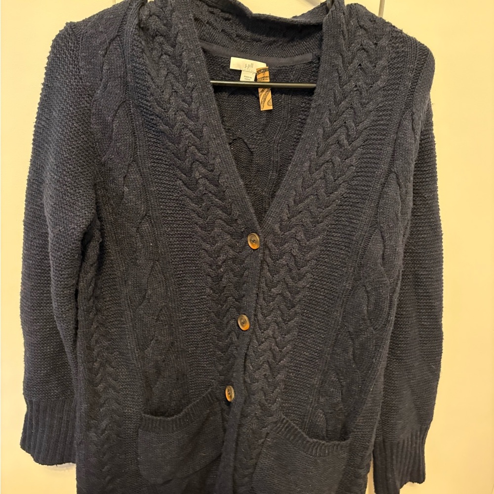 J. Jill Navy Cable-Knit Button Cardigan with Front Pockets